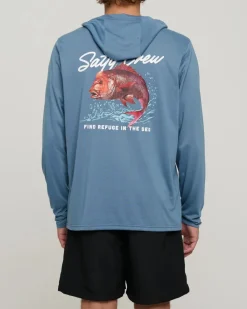 Salty Crew Long Sleeve Shirts Mens|Flies>Snapper Hood Sunshirt Dark Slate